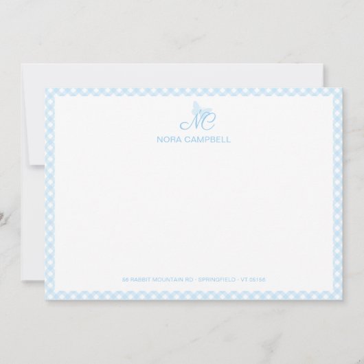 Elegant Butterfly Monogram Baby Blue Gingham Karie Mitteilungskarte (Vorderseite)