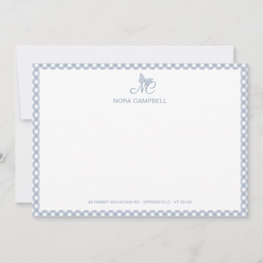 Elegant Butterfly Monogram Dusty Blue Gingham Mitteilungskarte (Vorderseite)
