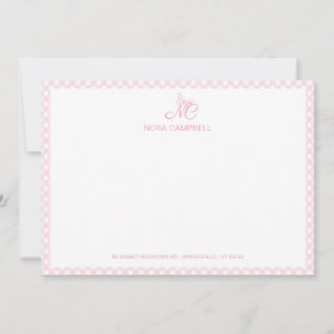 Elegant Butterfly Monogram Girly Baby Pink Gingham Mitteilungskarte
