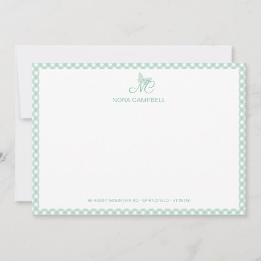 Elegant Butterfly Monogram Mint Green Gingham Mitteilungskarte (Vorderseite)
