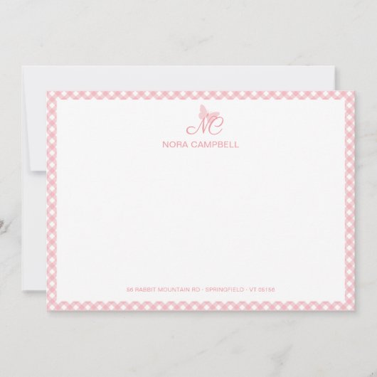 Elegant Butterfly Monogram Peach Pink Gingham Mitteilungskarte (Vorderseite)