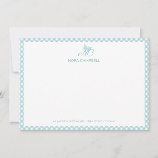 Elegant Butterfly Monogram Turquoise Gingham Mitteilungskarte (Vorderseite)