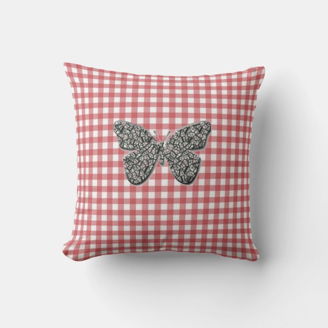 Elegant Butterfly On Red Gingham Cushion Kissen (Vorderseite)