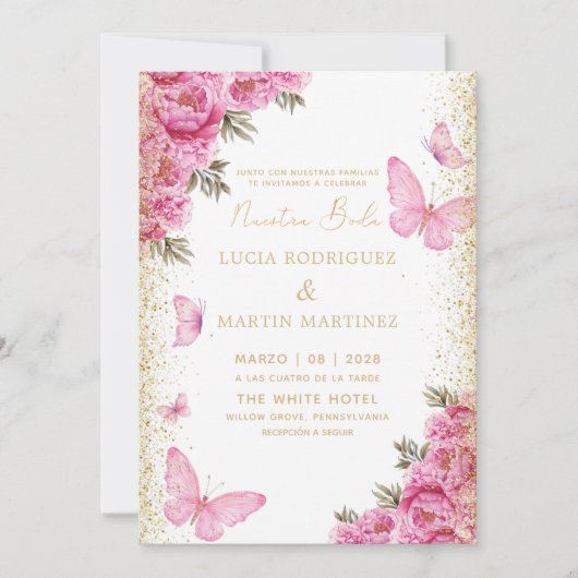 Elegant Butterfly und Floral Nuestra Boda Einladung (Vorderseite)