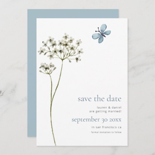 Elegant Butterfly Wildblume QR Code Blue Wedding Save The Date (Vorne/Hinten)