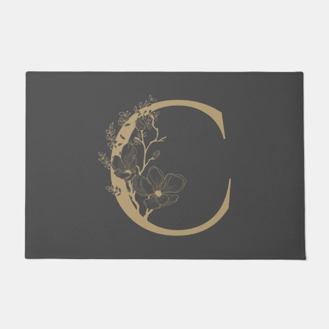 Elegant C Boho Floral Monogram Initial Gray Gold Fußmatte (Vorderseite)