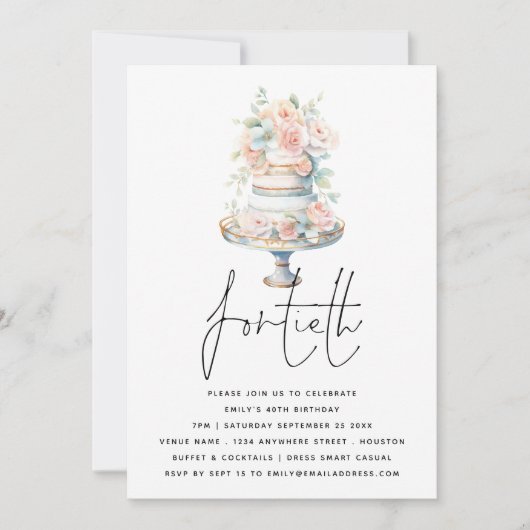 Elegant Cake Dusty Pink Peach Script 40. Geburtsta Einladung (Vorderseite)