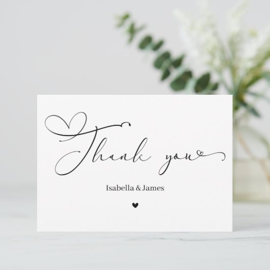 Elegant Calligraph Simple Heart Wedding  Dankeskarte (Stehend Vorderseite)