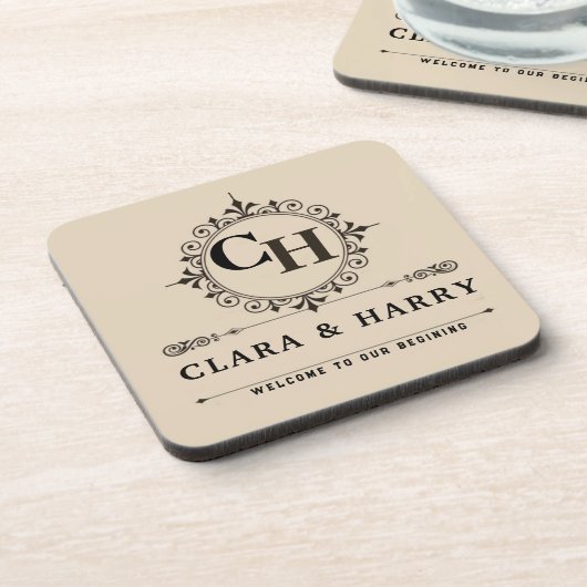 Elegant calligraphic initials monogram wedding getränkeuntersetzer (Linke Seite)