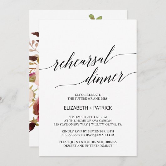 Elegant Calligraphy | Abendessen mit floraler Prob Einladung (Vorne/Hinten)