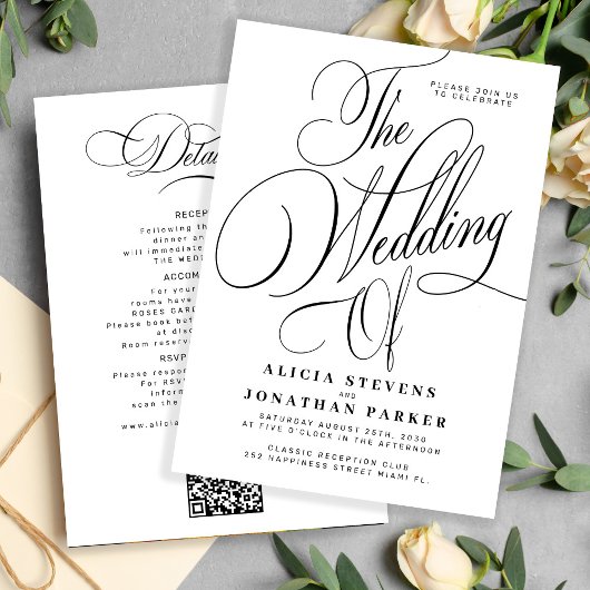 Elegant calligraphy black white all in one wedding einladung