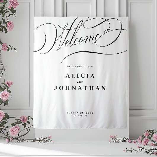 Elegant calligraphy black white welcome wedding wandteppich