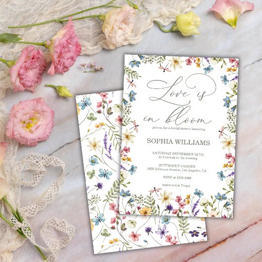 Elegant Calligraphy Boho Wildflowers Bridal Shower Einladung