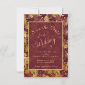 Elegant Calligraphy Burgundy & Gold Leaves Wedding Save The Date (Vorderseite)