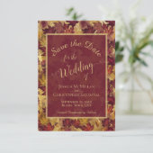 Elegant Calligraphy Burgundy & Gold Leaves Wedding Save The Date (Stehend Vorderseite)