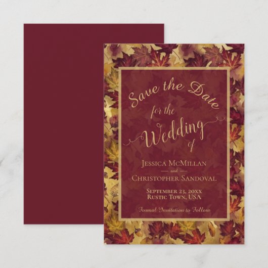 Elegant Calligraphy Burgundy & Gold Leaves Wedding Save The Date (Vorne/Hinten)