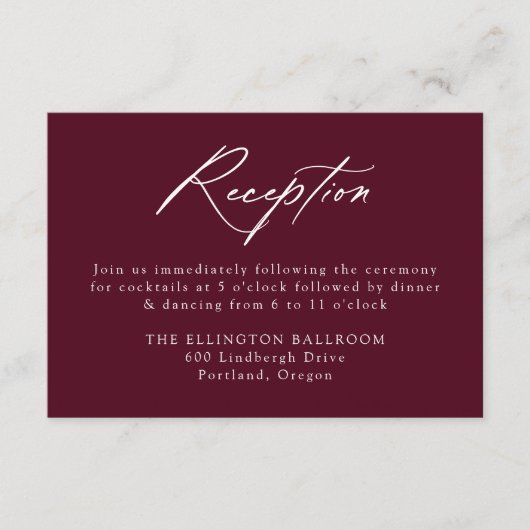 Elegant Calligraphy Burgundy Wedding Reception Begleitkarte (Vorderseite)