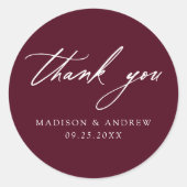 Elegant Calligraphy Burgundy Wedding Thank You Runder Aufkleber (Vorderseite)