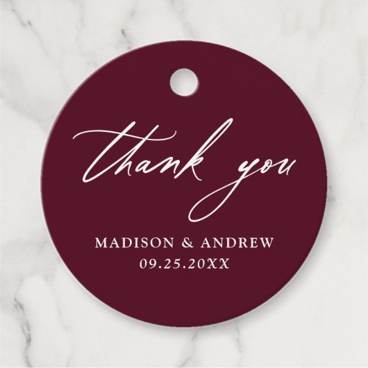 Elegant Calligraphy Burgundy Wedding Vielen Dank Geschenkanhänger (Vorderseite)