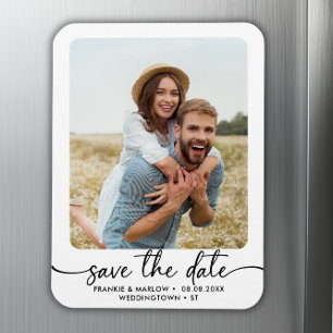 Elegant Calligraphy Couple Photo Save The Date Magnet
