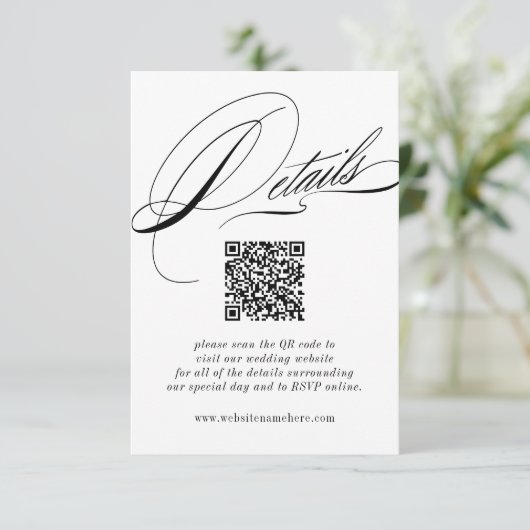 Elegant Calligraphy Details QR Code Begleitkarte (Stehend Vorderseite)