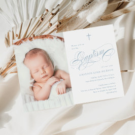 Elegant Calligraphy Dusty Blue Boys Photo Baptism Einladung