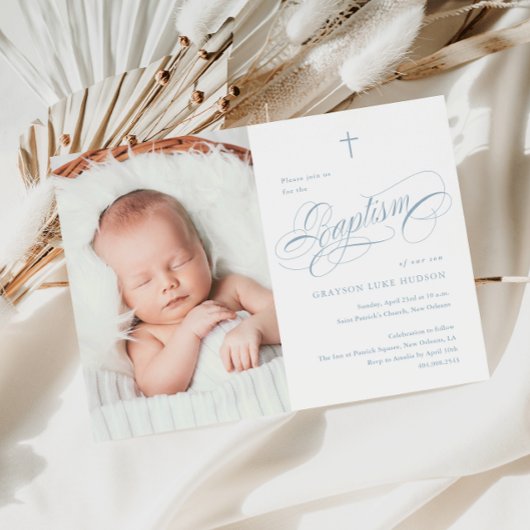 Elegant Calligraphy Dusty Blue Boys Photo Baptism Einladung