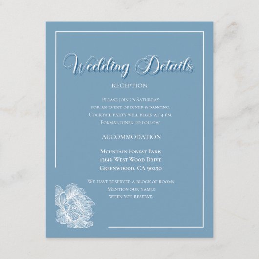 Elegant Calligraphy Dusty Blue Floral Wedding Begleitkarte (Vorderseite)