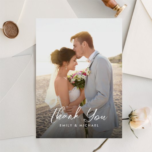 Elegant Calligraphy Dusty Blue Photo Wedding  Dankeskarte