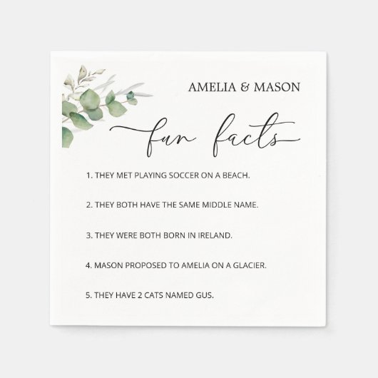 Elegant Calligraphy Eucalyptus Fun Facts Wedding Serviette (Vorderseite)