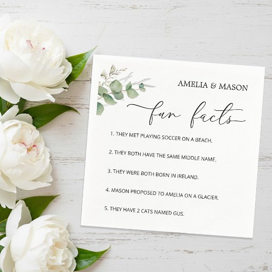 Elegant Calligraphy Eucalyptus Fun Facts Wedding Serviette