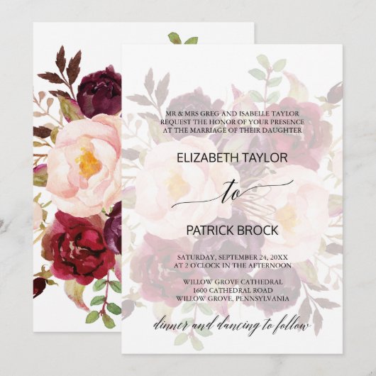 Elegant Calligraphy | Faded Floral Formal Wedding Einladung (Vorne/Hinten)