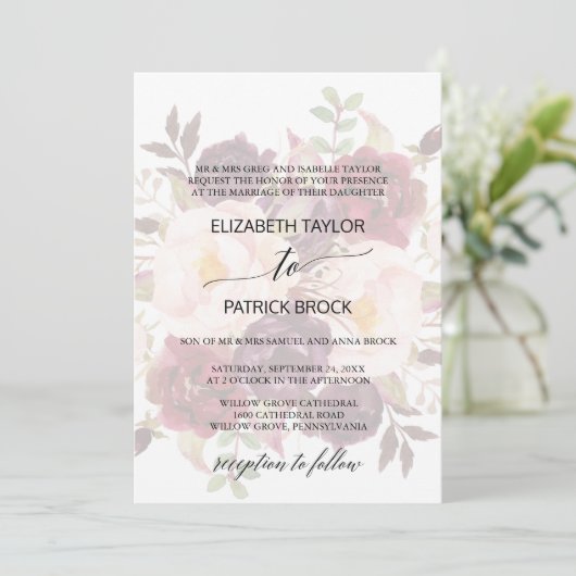 Elegant Calligraphy | Faded Floral Formal Wedding Einladung (Stehend Vorderseite)