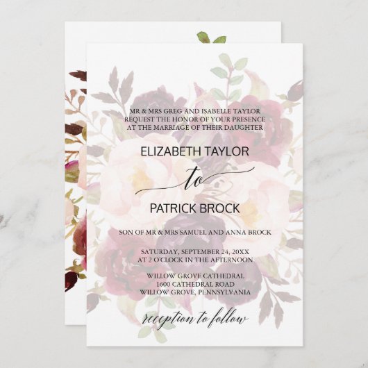 Elegant Calligraphy | Faded Floral Formal Wedding Einladung (Vorne/Hinten)