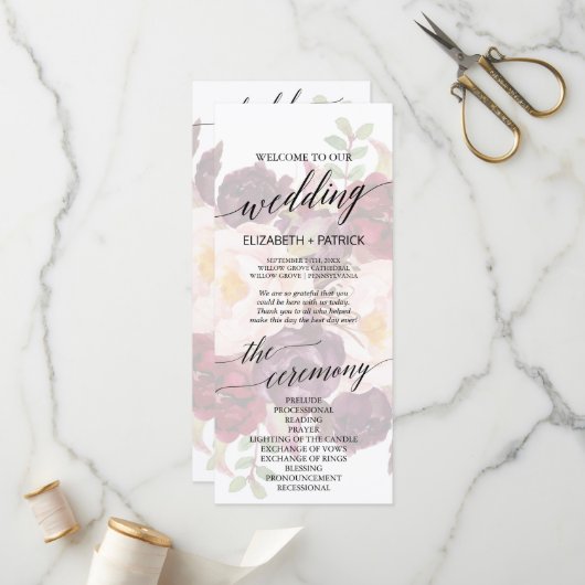 Elegant Calligraphy | Faded Floral Wedding Program Programm (Vorderseite/Rückseite Beispiel)