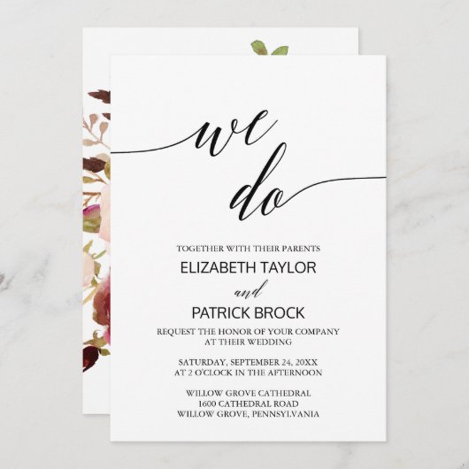 Elegant Calligraphy | Floral Back "We Do" Hochzeit Einladung (Vorne/Hinten)