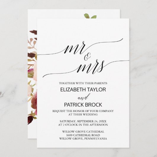 Elegant Calligraphy | Floral "Mr & Mrs." Hochzeit Einladung (Vorne/Hinten)