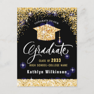 Elegant Calligraphy Gold Glitter Graduation Ankündigungspostkarte