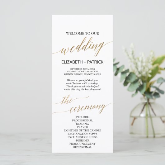 Elegant Calligraphy | Gold Wedding Party Programm (Stehend Vorderseite)