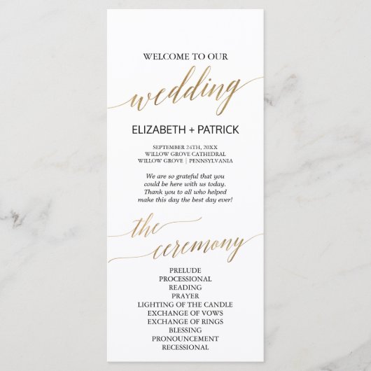 Elegant Calligraphy | Gold Wedding Party Programm (Vorderseite)