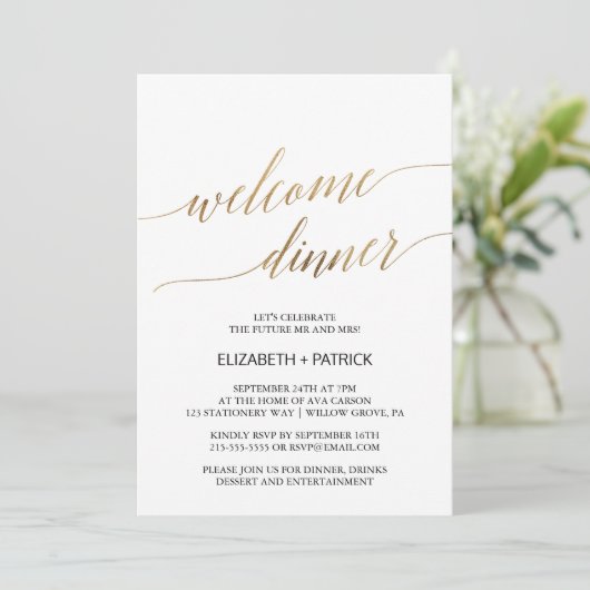 Elegant Calligraphy | Gold Welcome Dinner Einladung (Stehend Vorderseite)