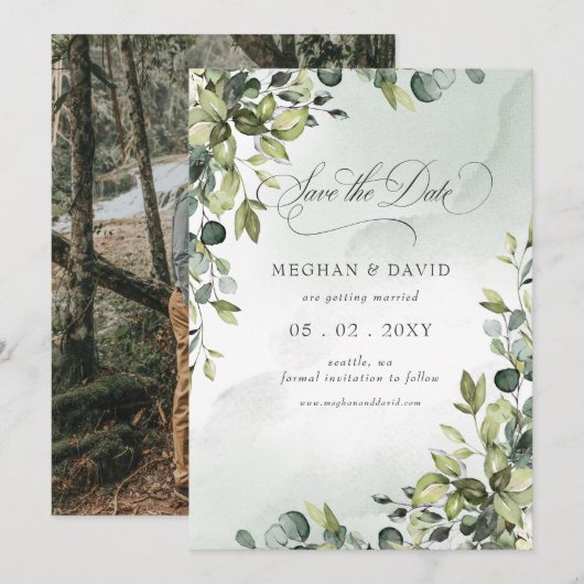 Elegant Calligraphy Greenery Eucalyptus Save The Date (Vorne/Hinten)