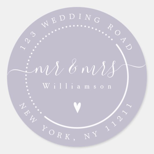 Elegant Calligraphy Lavender Mr. und Mrs. Address Runder Aufkleber (Vorderseite)
