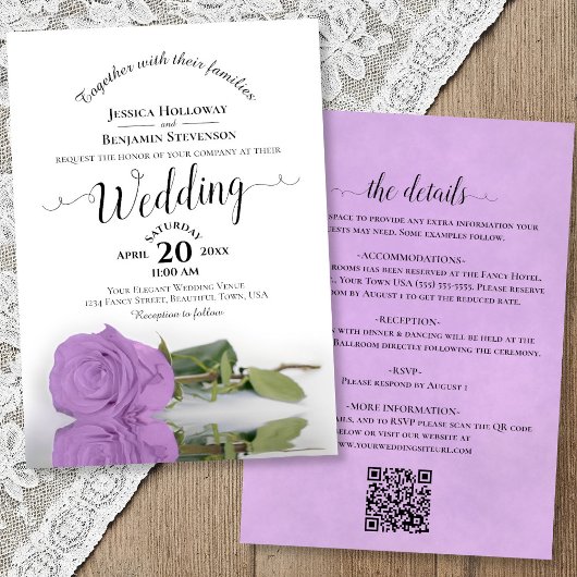 Elegant Calligraphy Lilac Rose QR Code Wedding Einladung