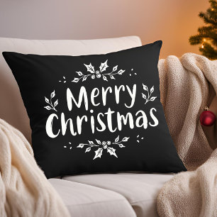 Elegant Calligraphy Merry Christmas Holly Berries Kissen
