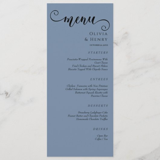 Elegant Calligraphy Minimalist Blue Wedding Menükarte (Vorderseite)