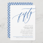 ELEGANT Calligraphy modern 50th party royal blue Einladung (Vorne/Hinten)