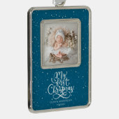 Elegant Calligraphy My First Christmas Photo Rahmen-Ornament Silber (Rechts)
