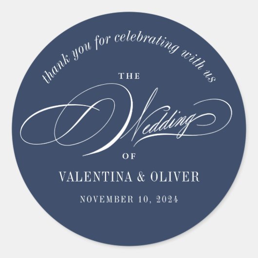 Elegant Calligraphy Navy Blue Wedding Runder Aufkleber (Vorderseite)