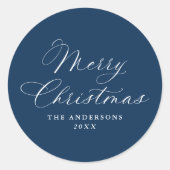 Elegant Calligraphy Navy Merry Christmas Runder Aufkleber (Vorderseite)